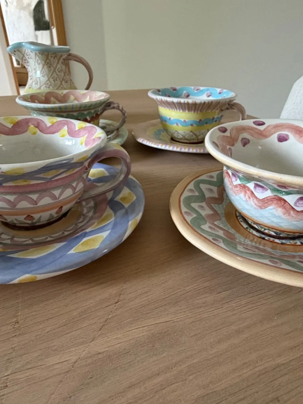 Mackenzie Childs Vintage Coffee Cup, Saucer, Creamer and Sugar Jar Set